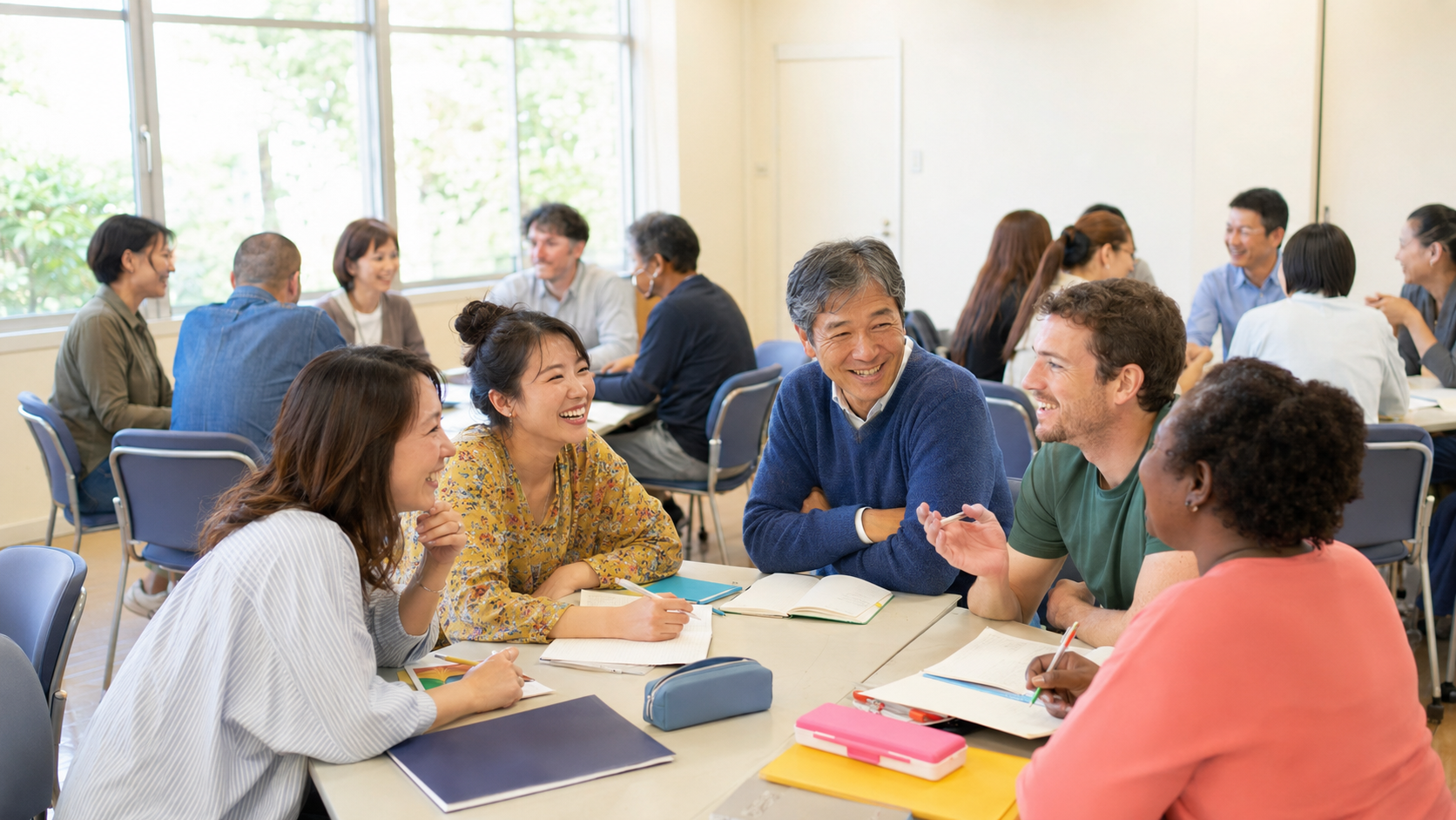 幅広い年代の参加者が語学交流を楽しむイメージ